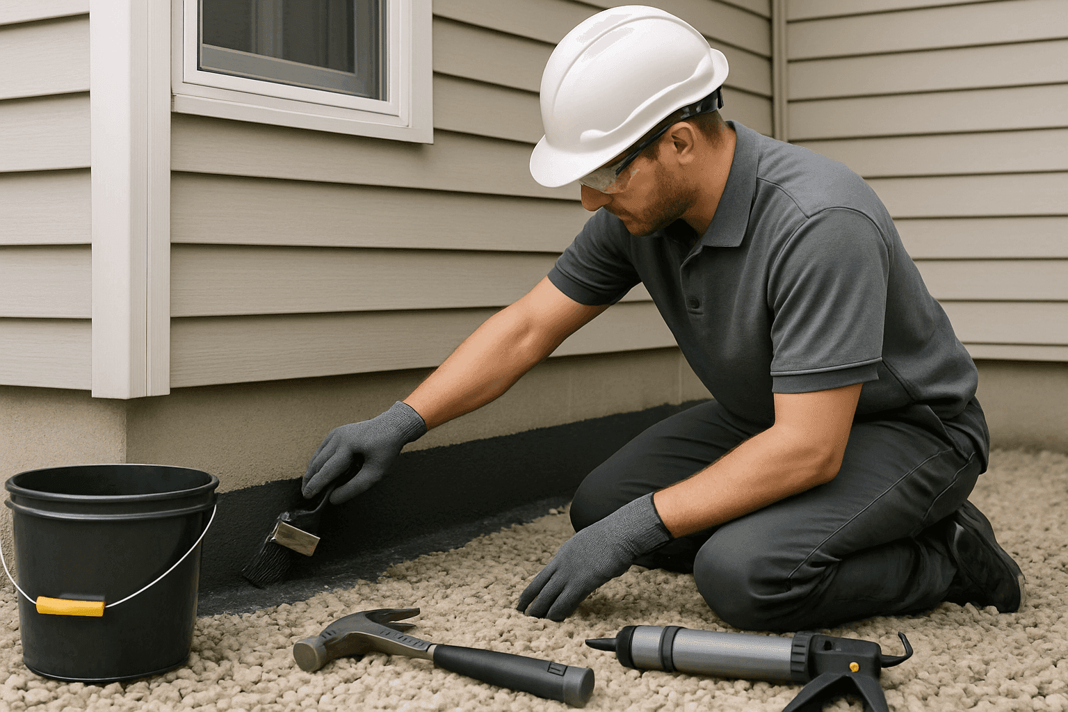 Professional waterproofing worker inspecting clean residential foundation exterior